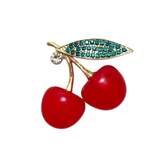 Red Cherry with Green Crystal Leaf Gold Tone Brooch - Picture 3 of 5